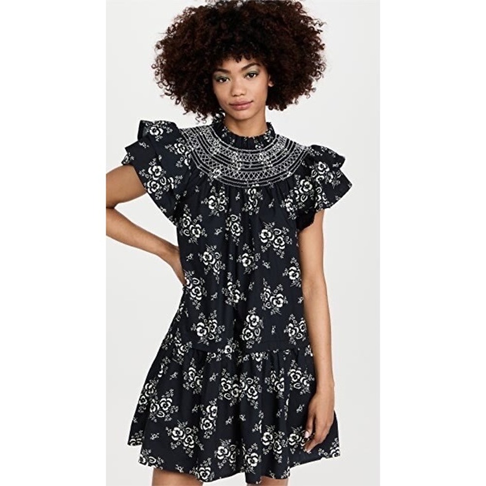 Sea New York Alessia Floral Smocked Tunic Dress Women L Blk White Romantic Boho